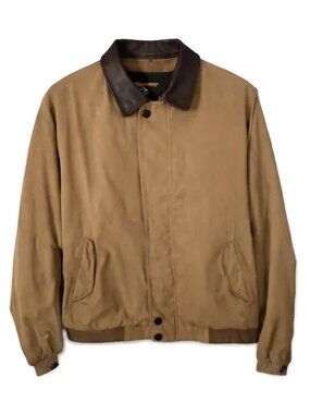Eddie Bauer Bomber Jacket Khaki Harrington Leather Collar Zip Size Large